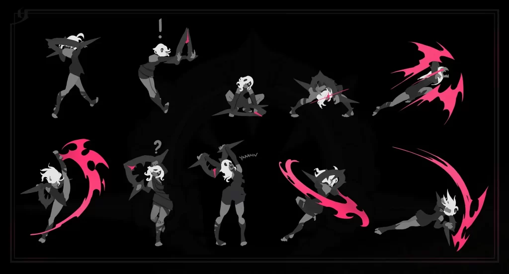Concept art with various poses of Briar in motion