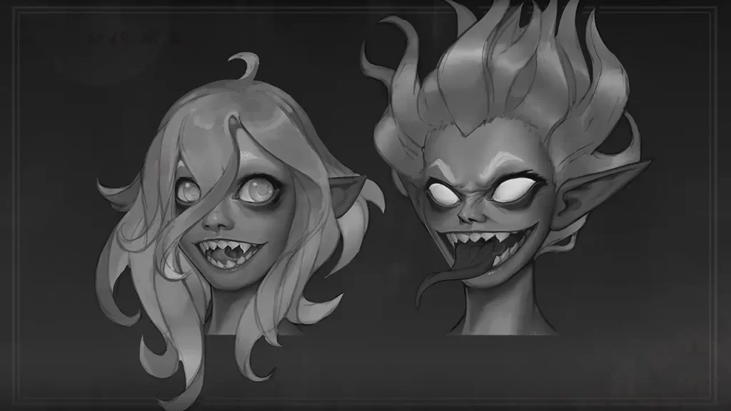 Greyscale concept art for Briar before and after transformation