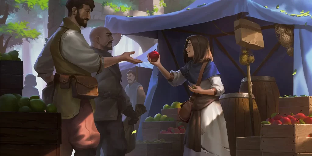 Demacian merchant giving apple to citizen