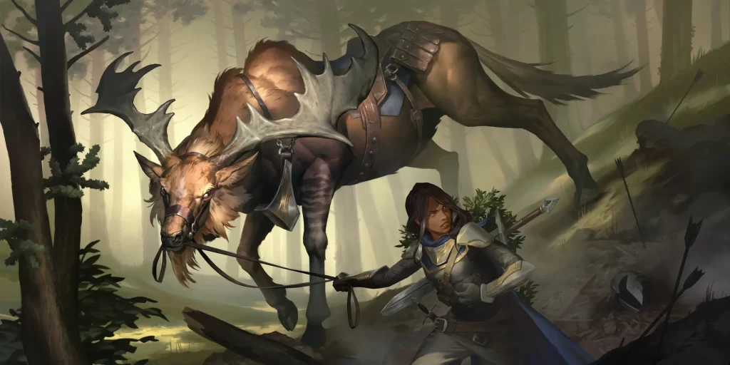 Ranger Genevieve Elmheart with a greathorn stag in the Demacian forest