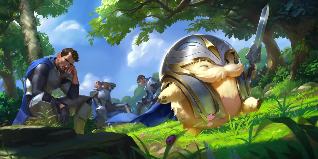 Plucky Poro and other Demacian soldiers in the forest