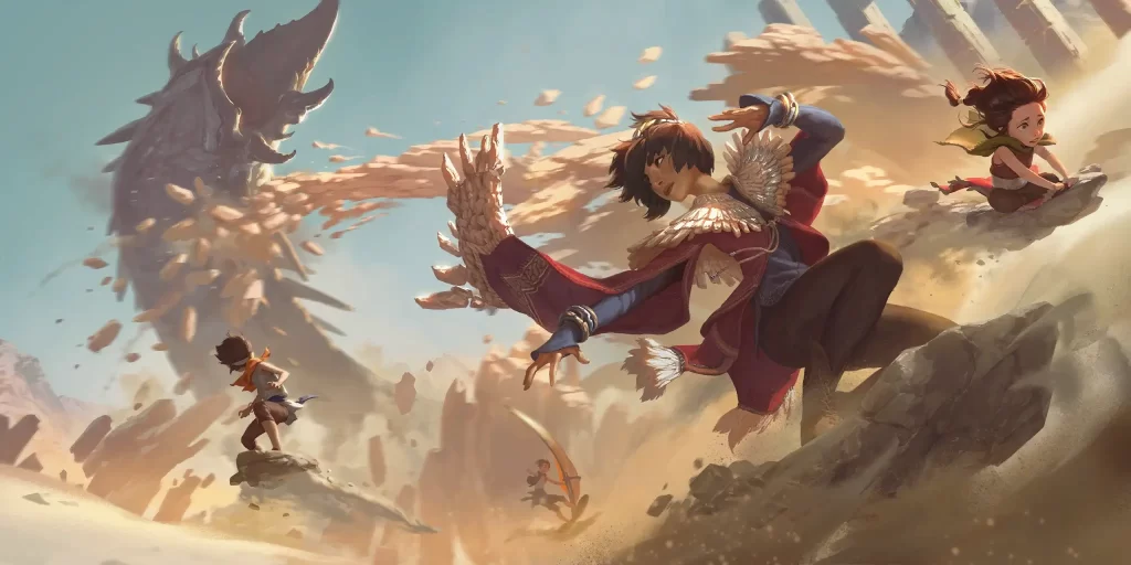 Taliyah and her mage friends riding around danger in Shurima