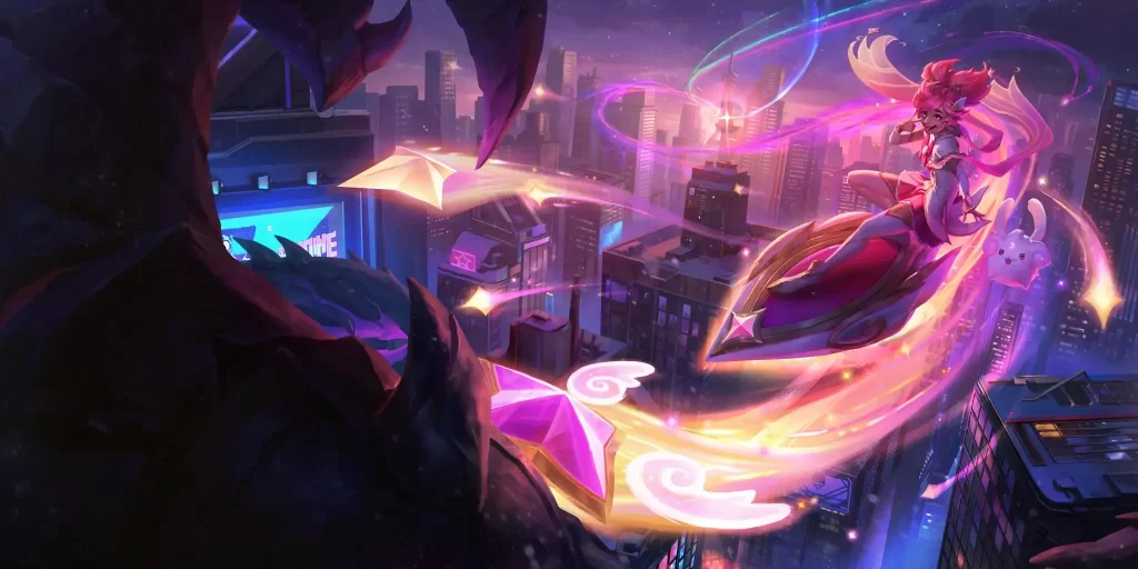 Star Guardian flying above the city taunting a beast