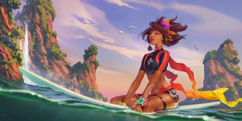 Taliyah resting on her surfboard out on the water