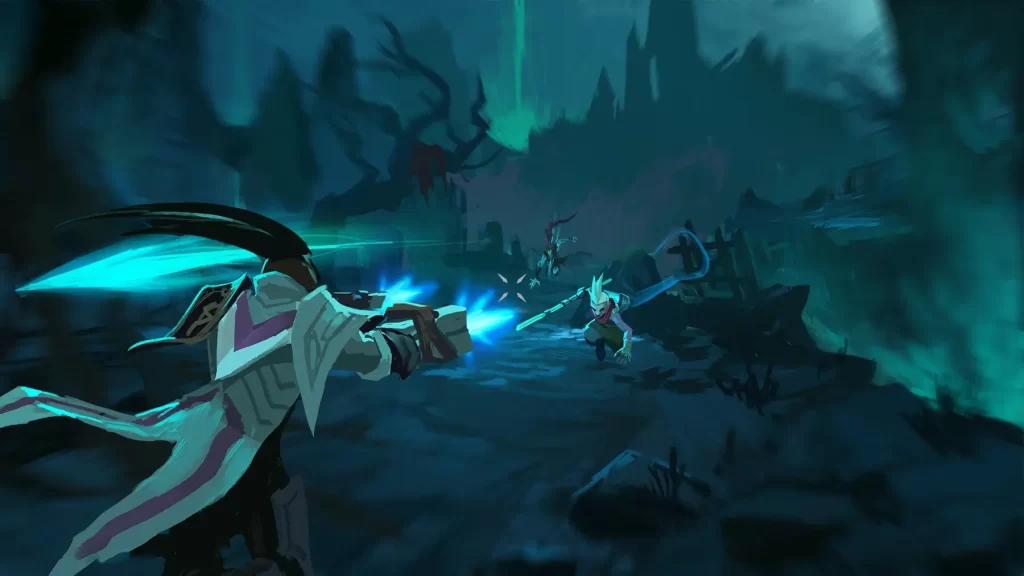 Lucian shooting at Ekko and Kalista in the Shadow Isles