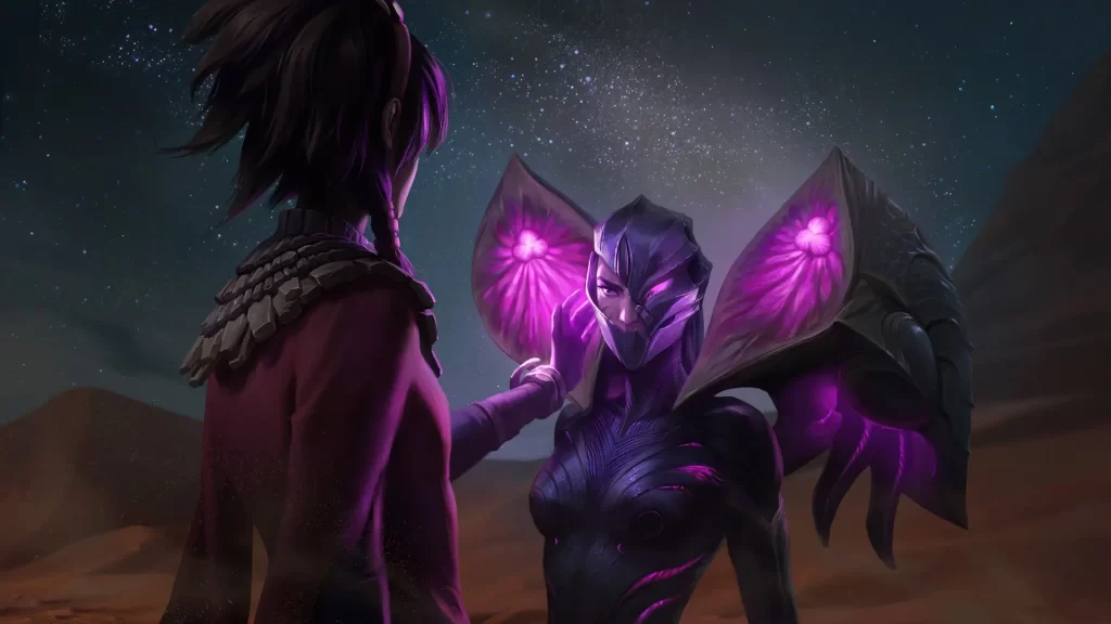Taliyah with her reaching out to Kai'sa's face at night