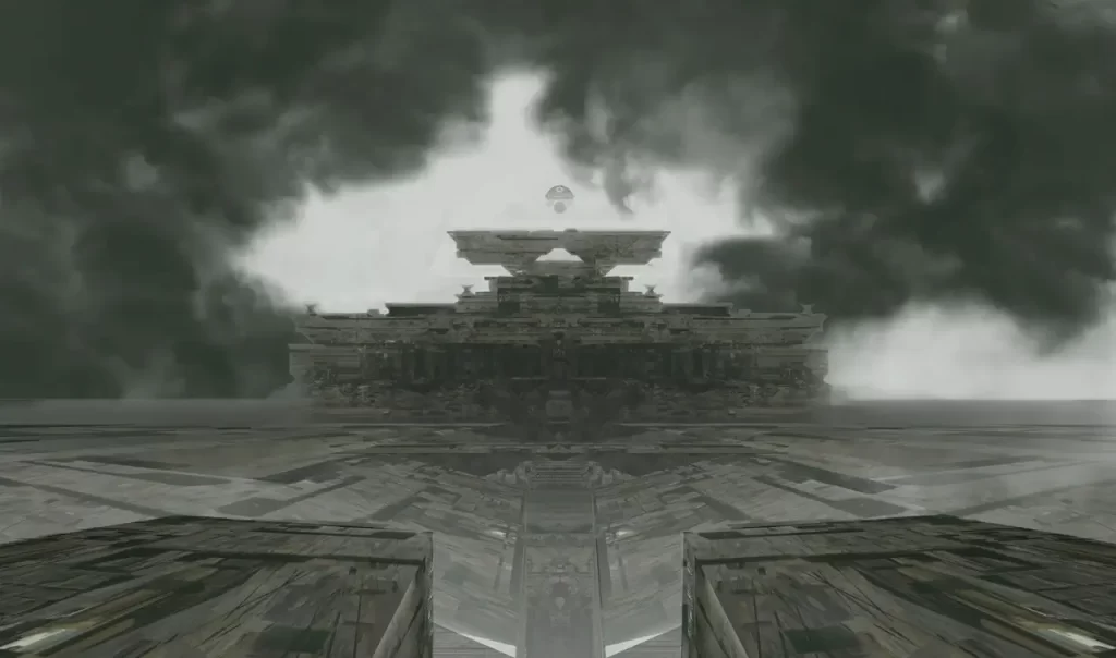 A large grey Shuriman temple in the distance with clouds in the background