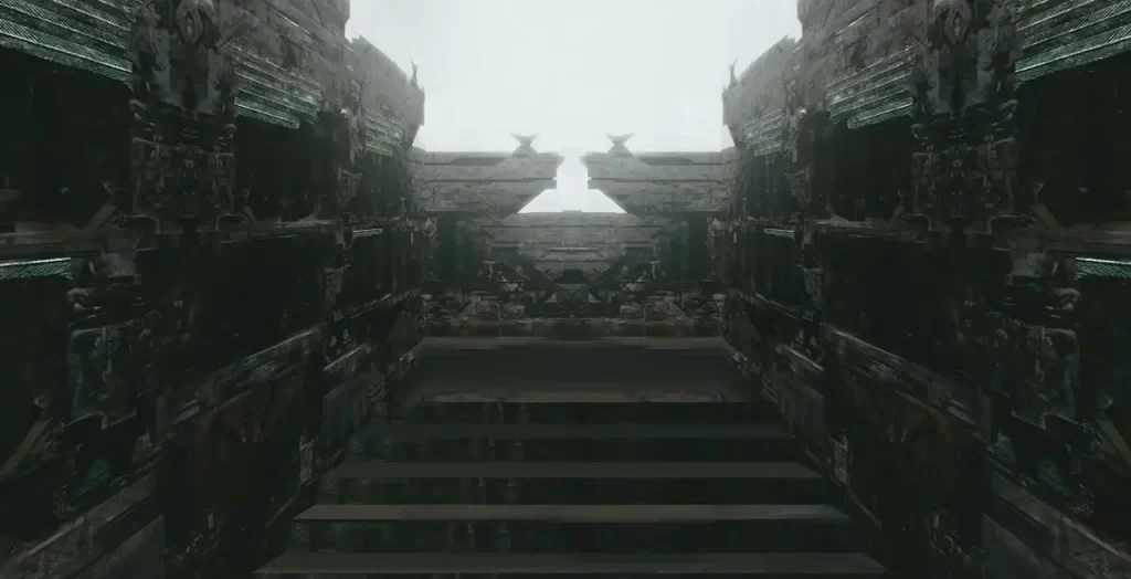 Steps leading down into what appears to be a dark Shuriman crypt
