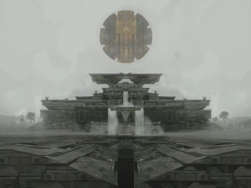 Early concept of the Shurima Sun Disc in a foggy environment