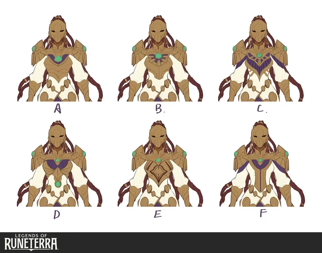 Six frontal concept art images of a female Shuriman golden solider