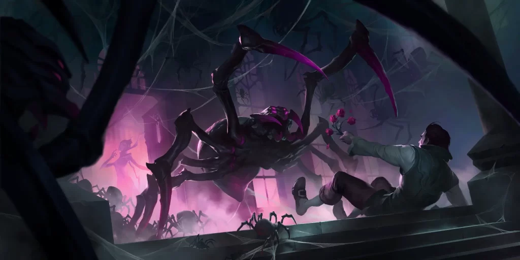 An oversized spider preying upon a human victim with several smaller spiders skittering around and Elise in the background