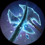 A sword breaking a frozen battle axe into several pieces