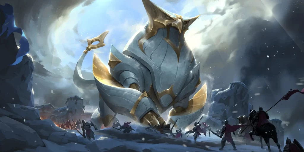 A golem made from petricite named Gorlith stands mighty above Noxian soldiers in battle