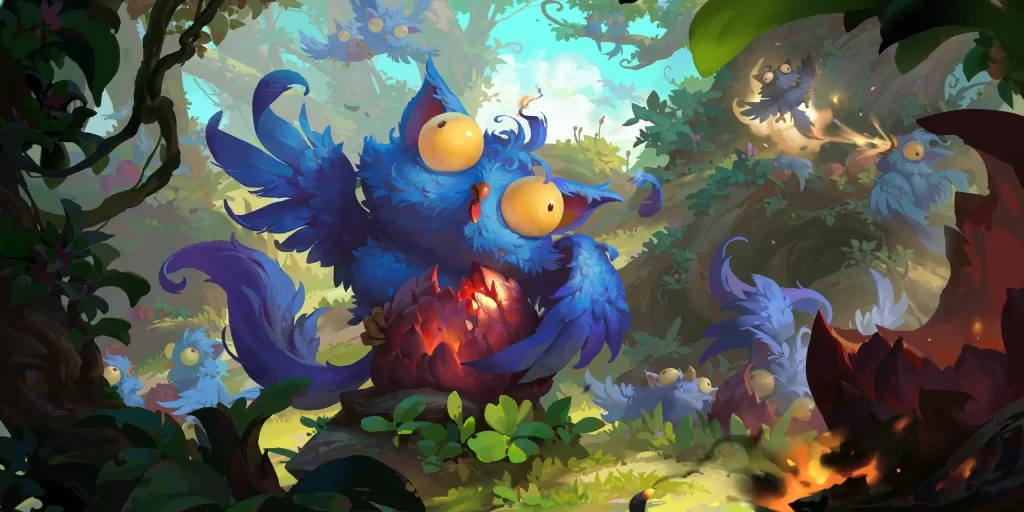 Several bright blue owlcats are seen in a Bandle City forest