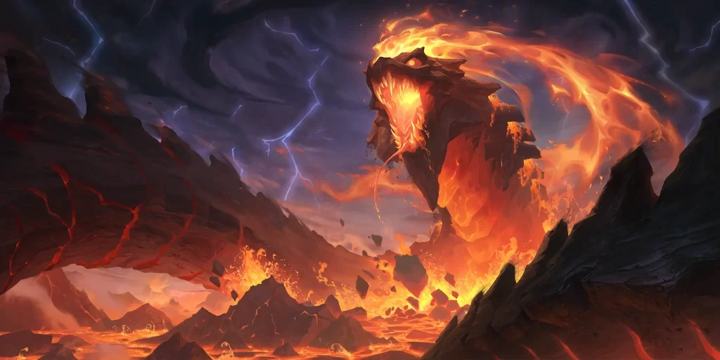 A massive elemental magma serpent thrashing lava around in a Freljordian storm