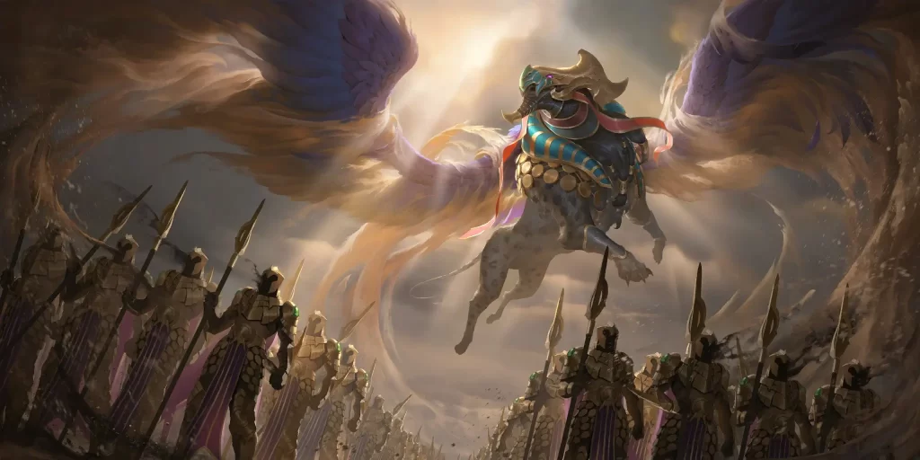 A sandstone chimera flies over countless sand soldiers in Shurima