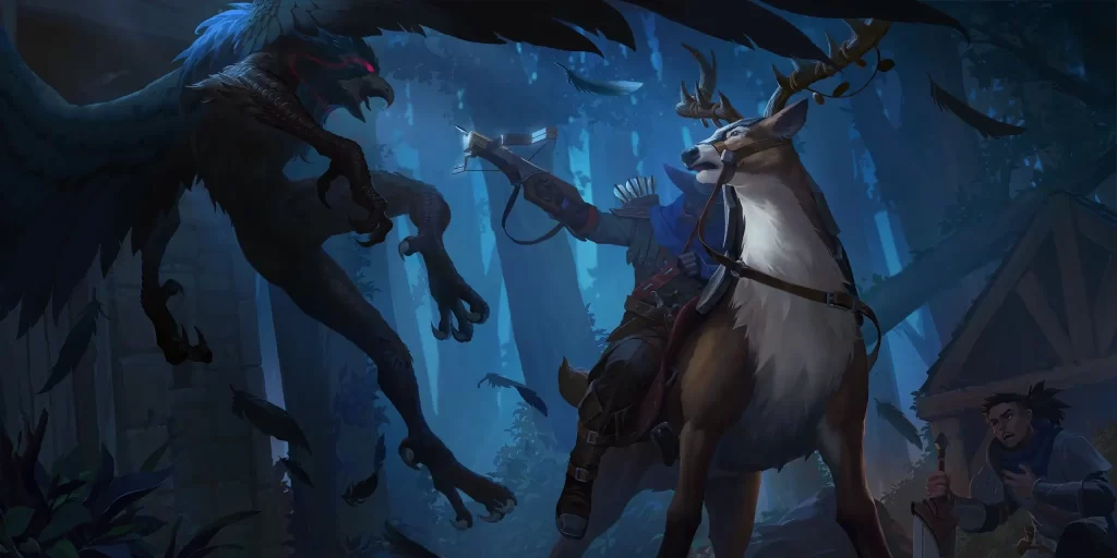 An elk in and Zealous Ranger-Knight on the forest fighting a harpy