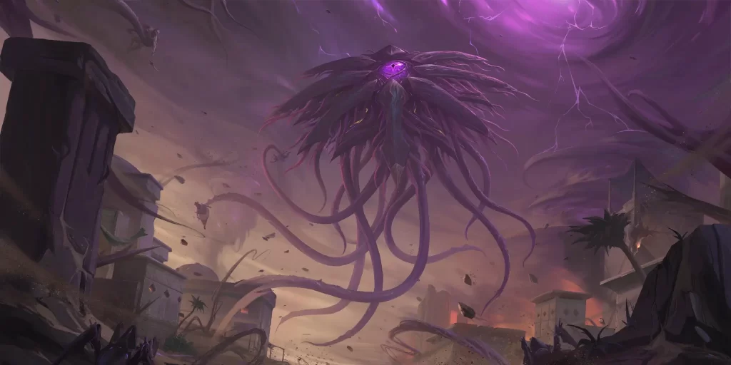 A voidborn creatures hovers above an Icathian city destroying everything around it in a purple storm