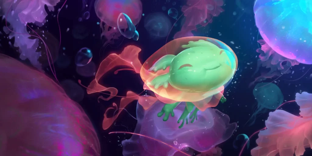 A small green aquatic creature with a anthropomorphic face swimming among jellyfish.