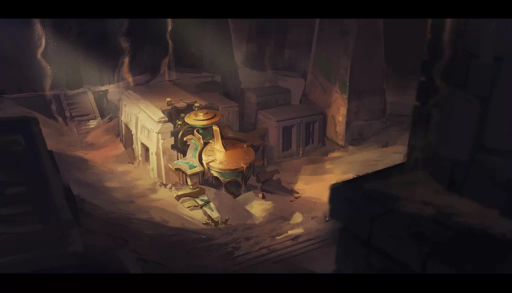 A forgotten Shurima temple with a golden and green contraption that might be owned by Zilean