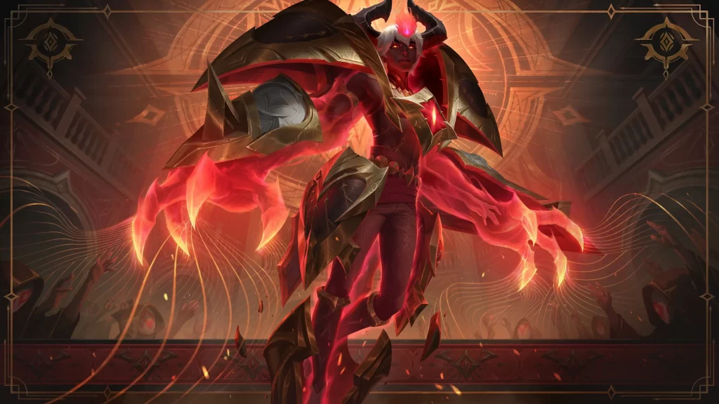 Red Xerath with large translucent claws heavy bronze armor, and demonic horns hovering