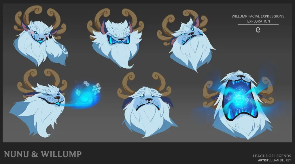 Various concept art images of Willump showing facial expressions