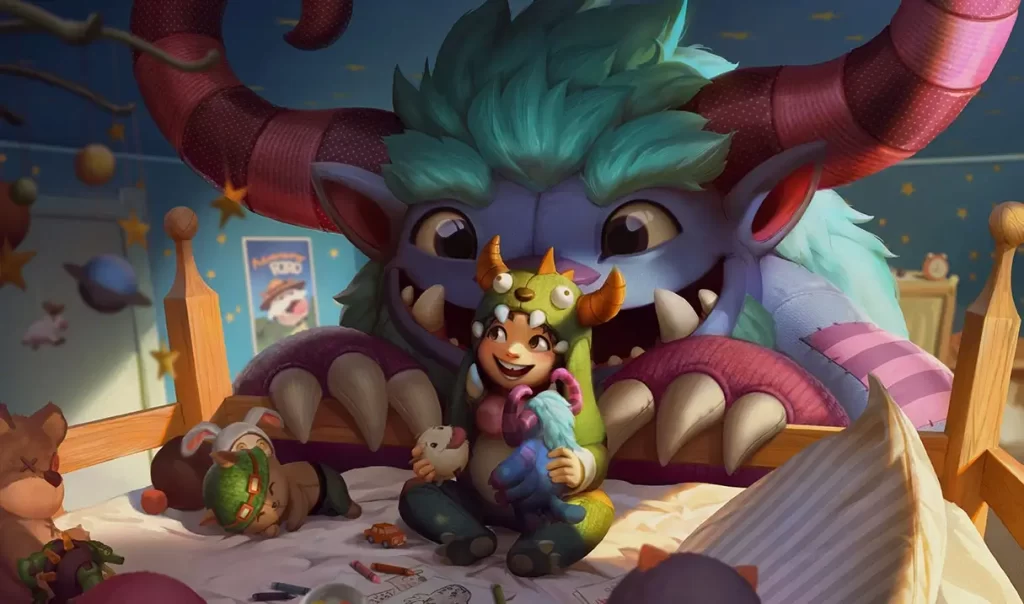 Nunu and Willump inside a home on a bed playing with various toys like Tibbers, Renekton, Teemo, a poro and more