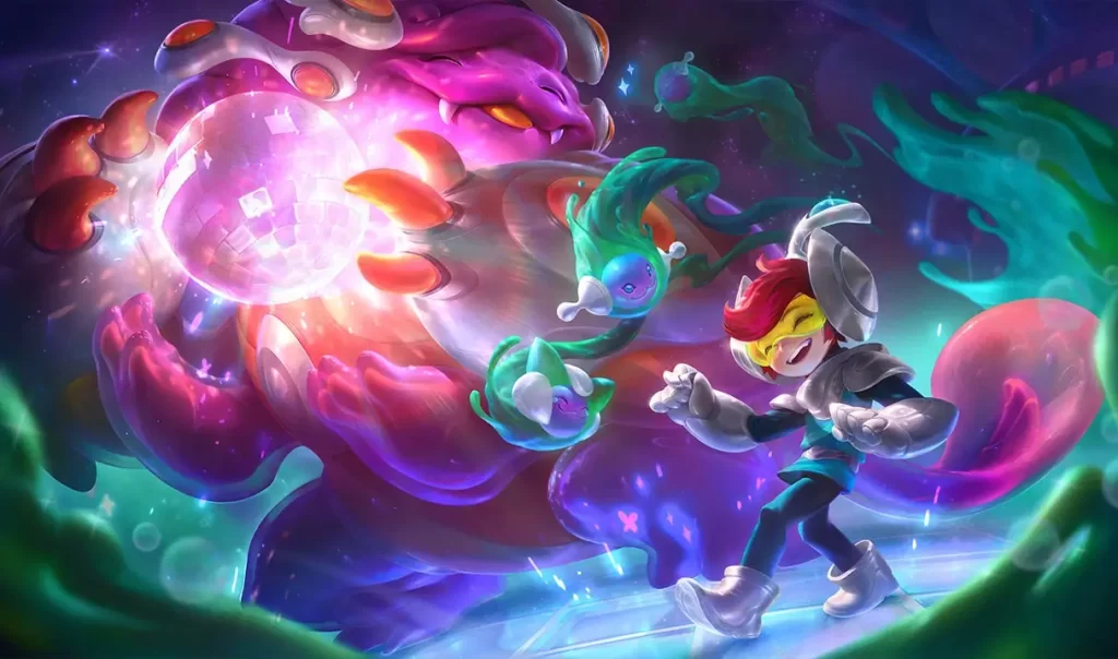 Nunu and Willump dancing in a futuristic space themed environment and Nunu is holding a disco ball