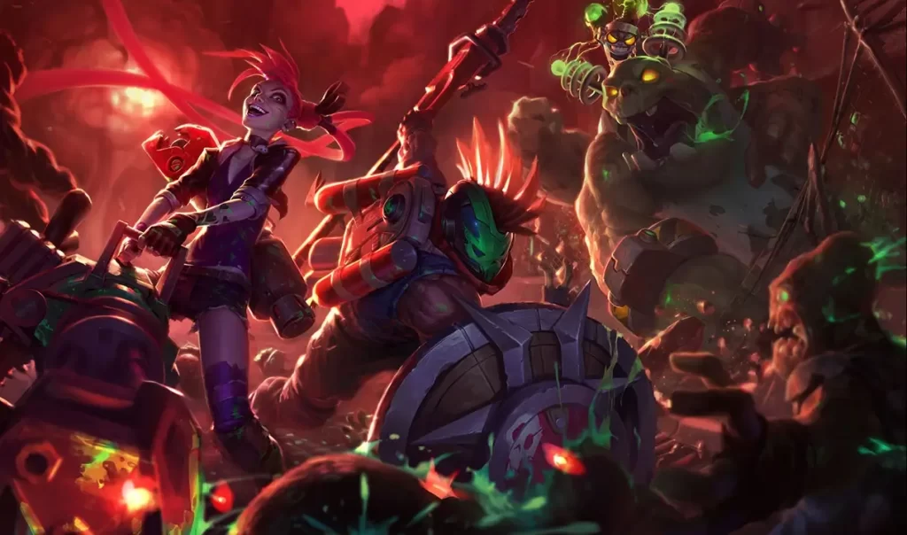 Jinx, Ekko and various characters in this zombie themed environment