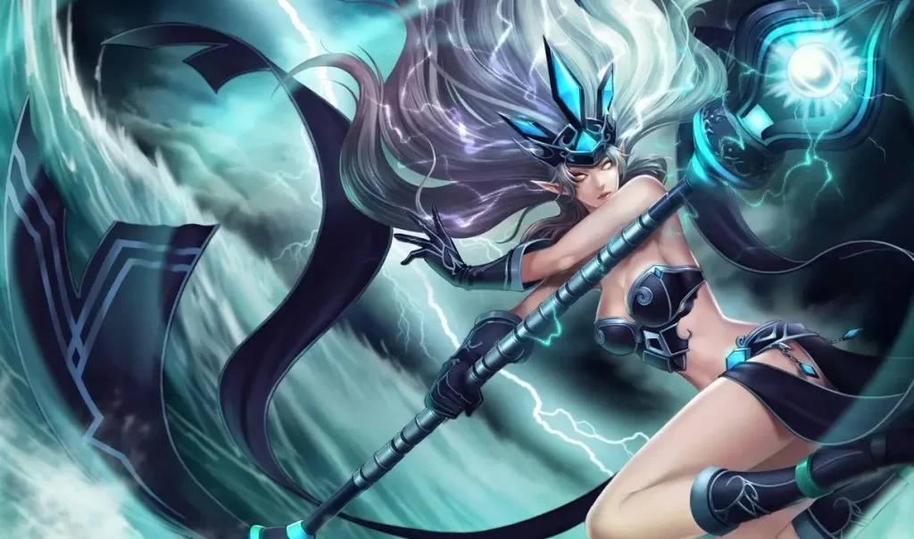 Spirit Janna floating above with an electrical staff and electrified hair in dark blue clothing