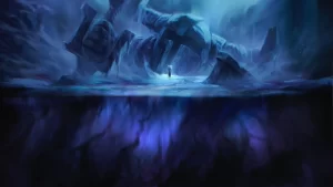 A wide angle shot of Lissandra in front of a frozen statue with a view of underneath the ice.