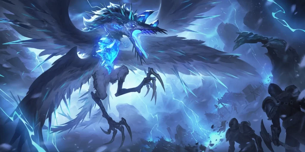 A Crystalline Stormraptor hovering above guard wreaking electrical havoc upon the earth below