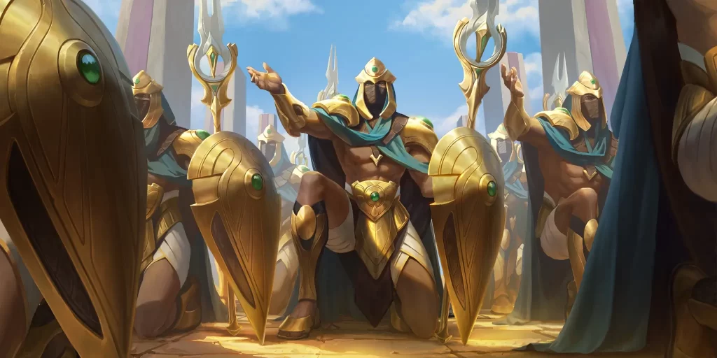 Several Shuriman Soldiers known as Defenders of the Sun disc kneel with weapons and armor equipped