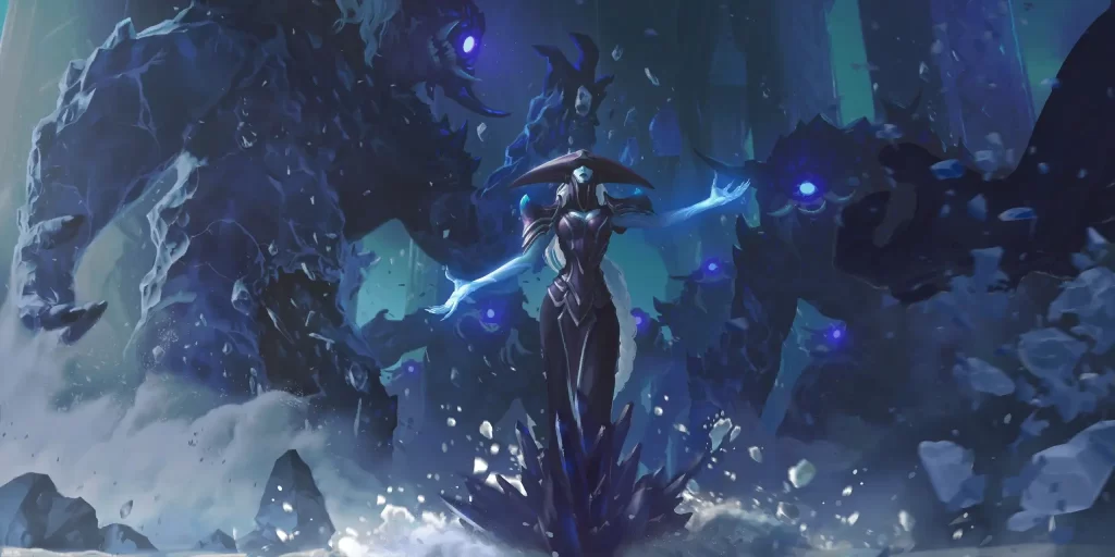 Lissandra in the Freljord with several Watchers behind her