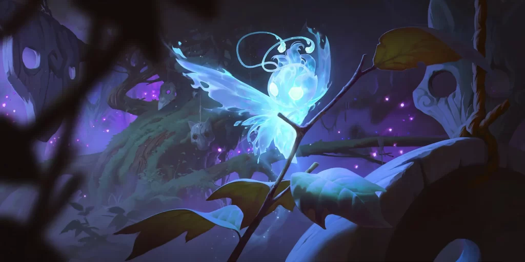 A cute glowing fae inspired firefly like creature perched on a branch in the Shadow Isles