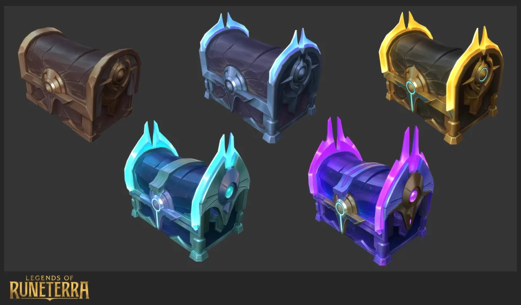 5 various chests associated with Shurima with varying levels of intensity from bronze to celestial in style
