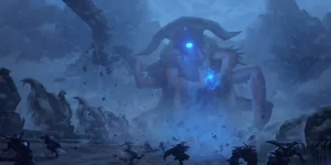 A Watcher destroying the Frostguard Citadel with powerful magic and force with soldiers running away