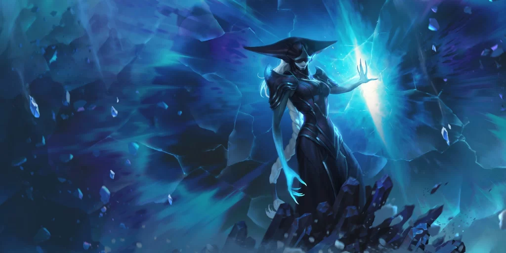 Lissandra, the ice witch putting her hand against the ice that holds back the frozen watchers