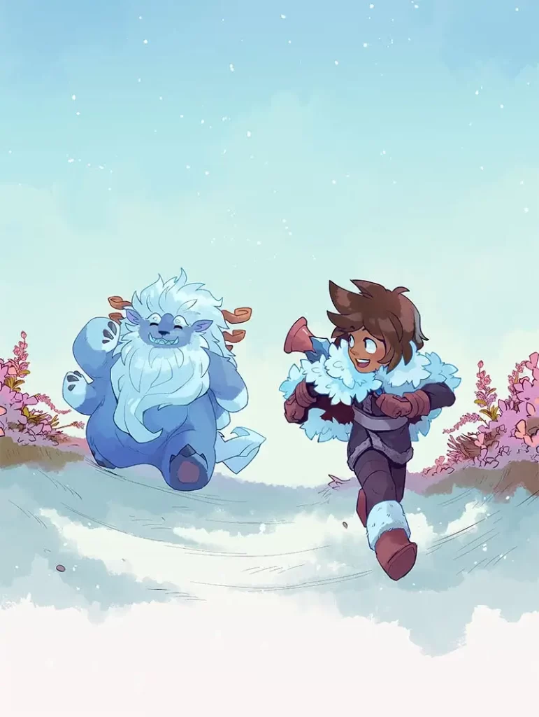 Official comic art of Nunu and Willump running in the Freljord