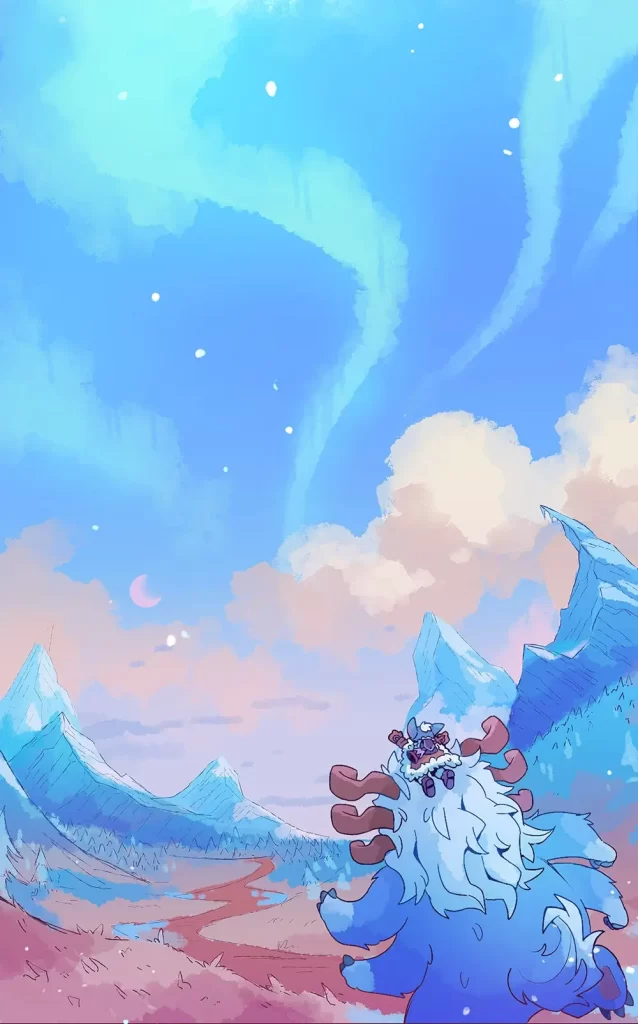 Official comic art of Nunu on top of Willump travelling down a path in the Freljord