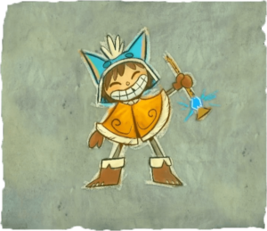 A petroglyph style image of Nunu holding a magical flute