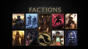 Various Riot MMO Factions including Dauntless Vanguard, Frostguard, Glasc Industries, Solari, Lunari, Triferion Legion, Shadow Order, Ferros Clan, and the Black Rose