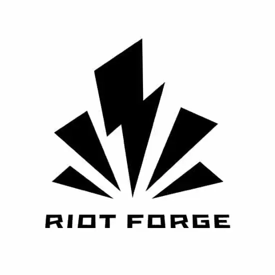 Square logo of Riot Forge with black lightning strikes and Riot Forge text below