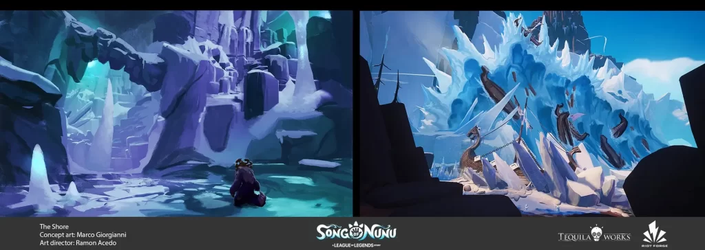Concept art images of the shore and a Freljordian cave