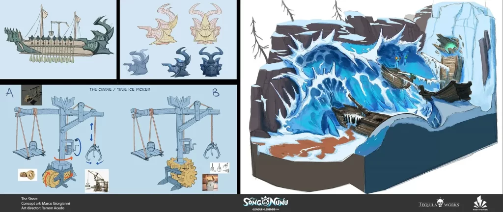Concept art of various assets from the Shore in Song of Nunu like the ships and crane