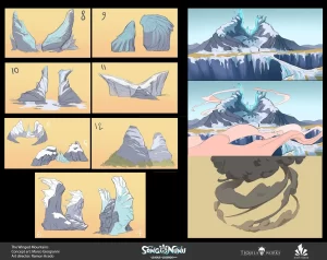 Concept art with 10 images of the Winged Mountains from Song of Nunu