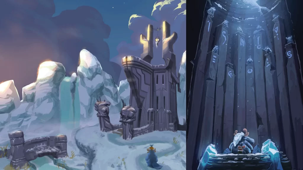 Two different Freljord environments with Nunu and Willump from Song of Nunu