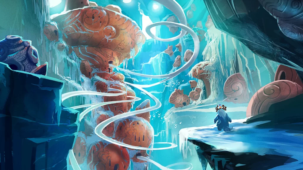 Environment art of Nunu and Willump inside an icy cavern from Song of Nunu