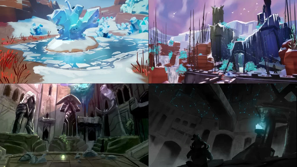 Various environment art of the Freljord from Song of Nunu