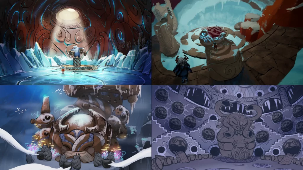Various environment art images of the Freljord from Song of Nunu